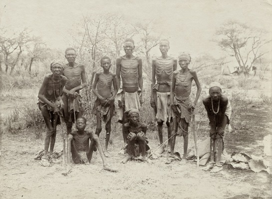 A group of South West African Herero people, starving after fleeing from their German rulers, 1907.
