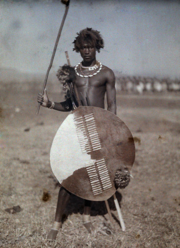 Autochrome of an armed Swazi warrior, Cape Town, South Africa, 1930.