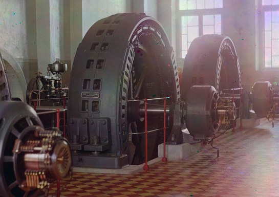 Alternators made in Budapest, Hungary, in the power generating hall of a hydroelectric station in Iolotan (Eloten), Turkmenistan, on the Murghab River, ca. 1910